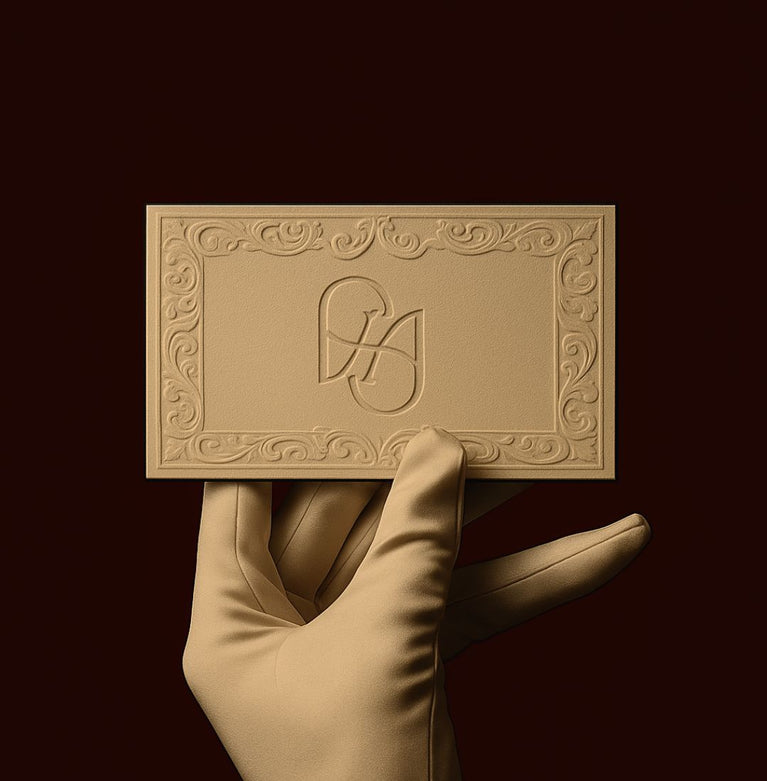 Hand holding a decorative card with intricate designs and the avelore against a burgundy background