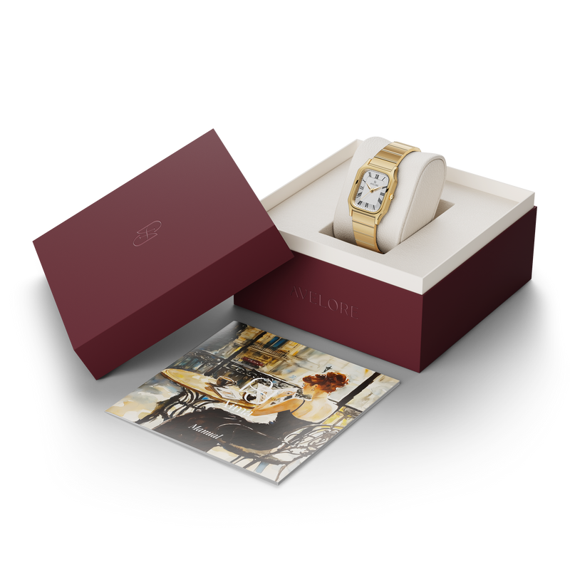Gold square watch for women with white dial and gold band. The model is Aima by Avelore.