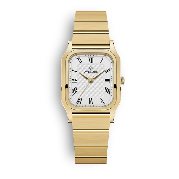 Gold square watch for women with white dial and gold band. The model is Aima by Avelore.