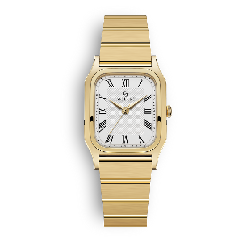 Gold square watch for women with white dial and gold band. The model is Aima by Avelore.