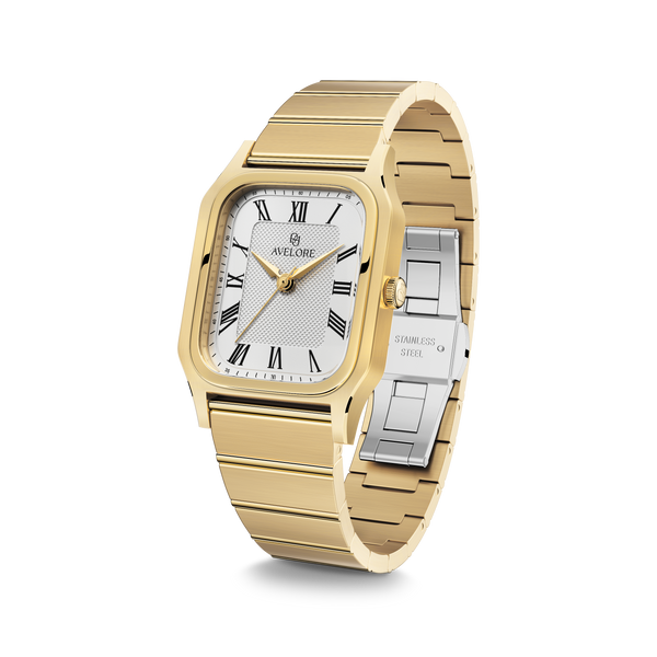 Gold square watch for women with white dial and gold band. The model is Aima by Avelore.