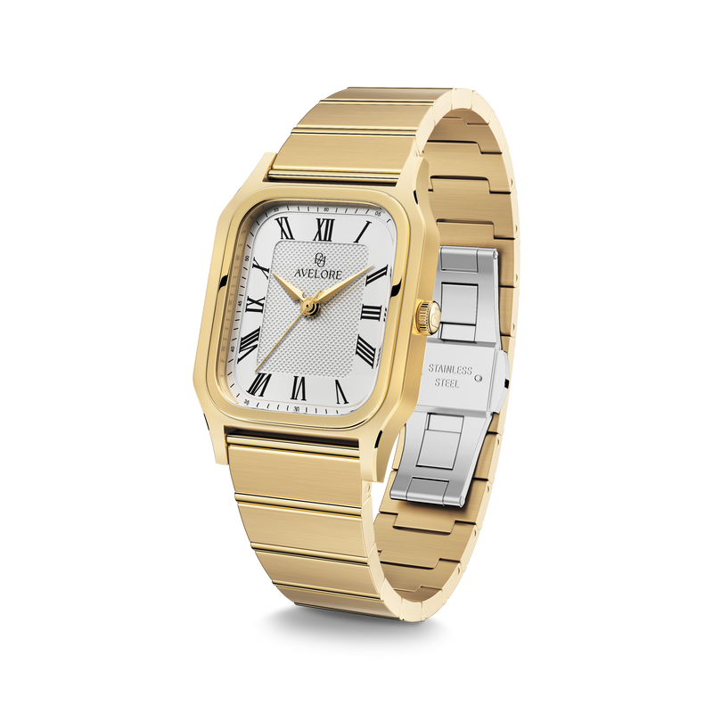 Gold square watch for women with white dial and gold band. The model is Aima by Avelore.