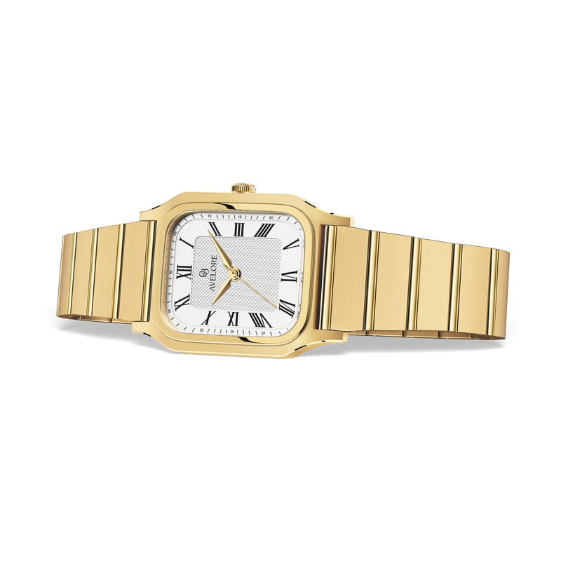 Gold square watch for women with white dial and gold band. The model is Aima by Avelore.