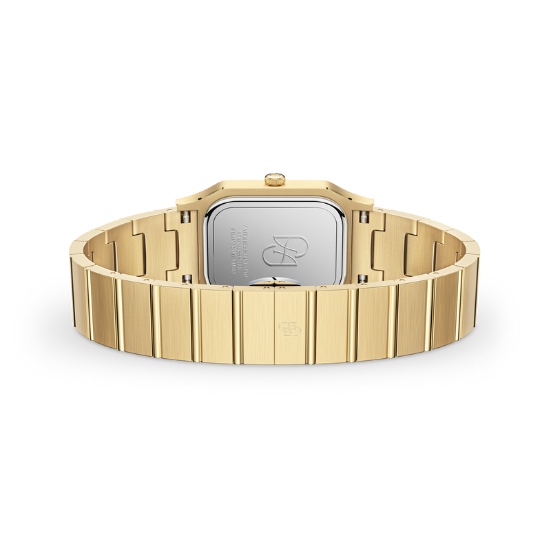 Gold square watch for women with white dial and gold band. The model is Aima by Avelore.