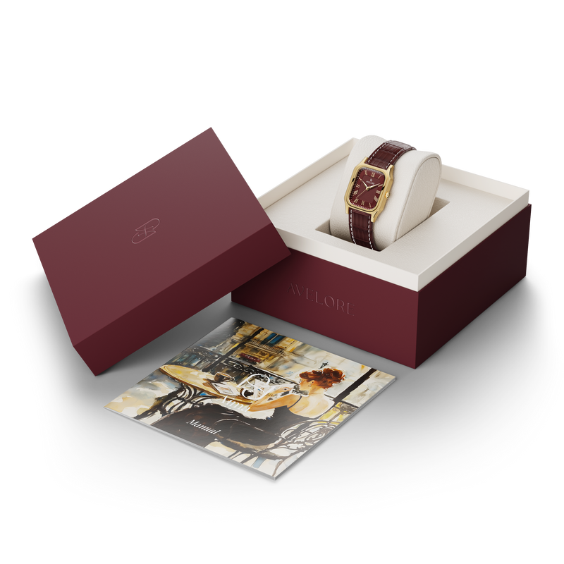 Gold square watch for women with burgundy dial and burgundy leather band. The model is Aima by Avelore.