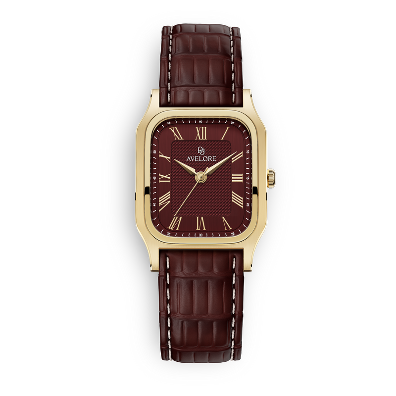 Gold square watch for women with burgundy dial and burgundy leather band. The model is Aima by Avelore.