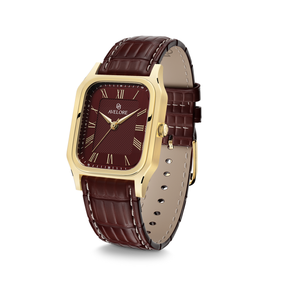 Gold square watch for women with burgundy dial and burgundy leather band. The model is Aima by Avelore.