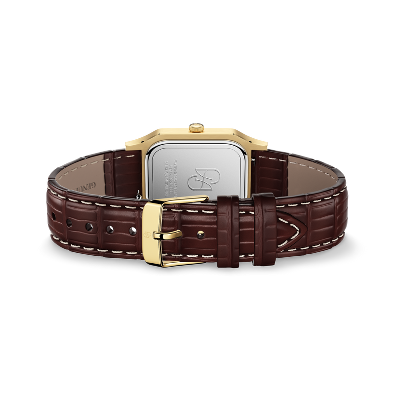 Gold square watch for women with burgundy dial and burgundy leather band. The model is Aima by Avelore.