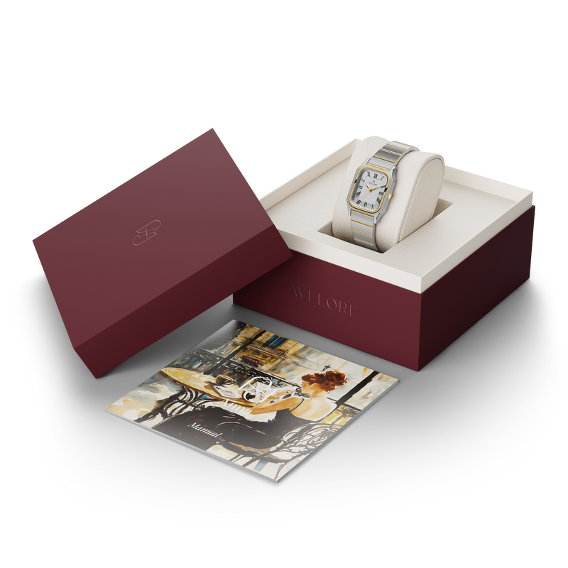 Two-tone square watch for women with silver dial and silver and gold band. The model is Aima by Avelore.