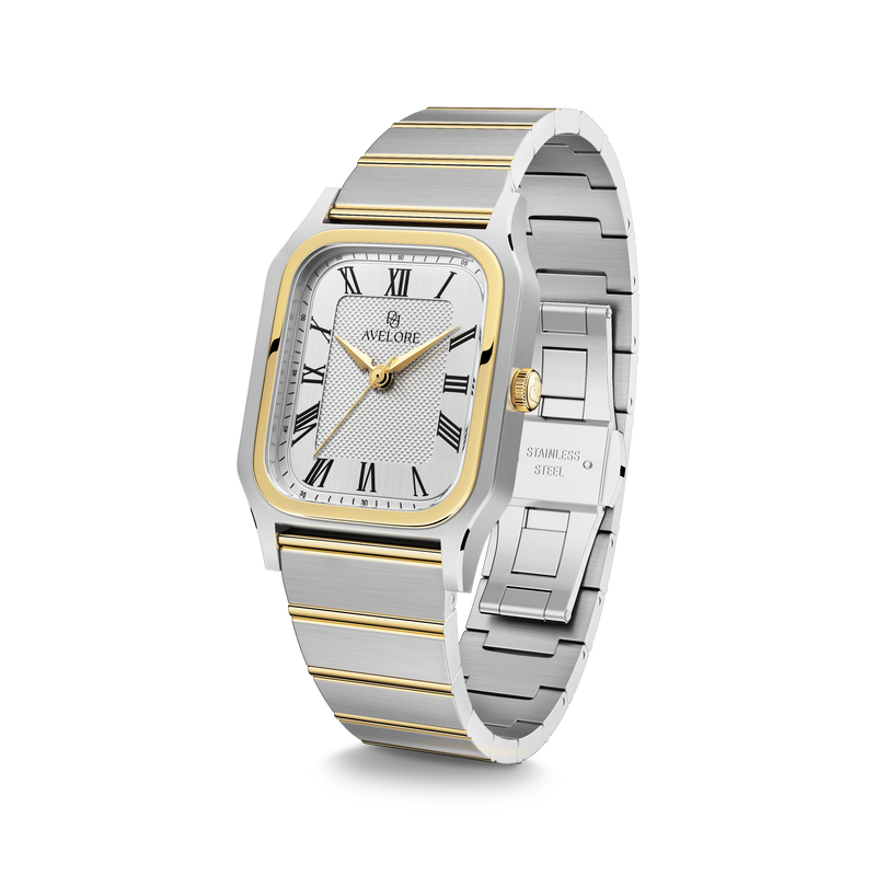 Two-toned square watch for women with silver and gold band. The model is Aima by Avelore.