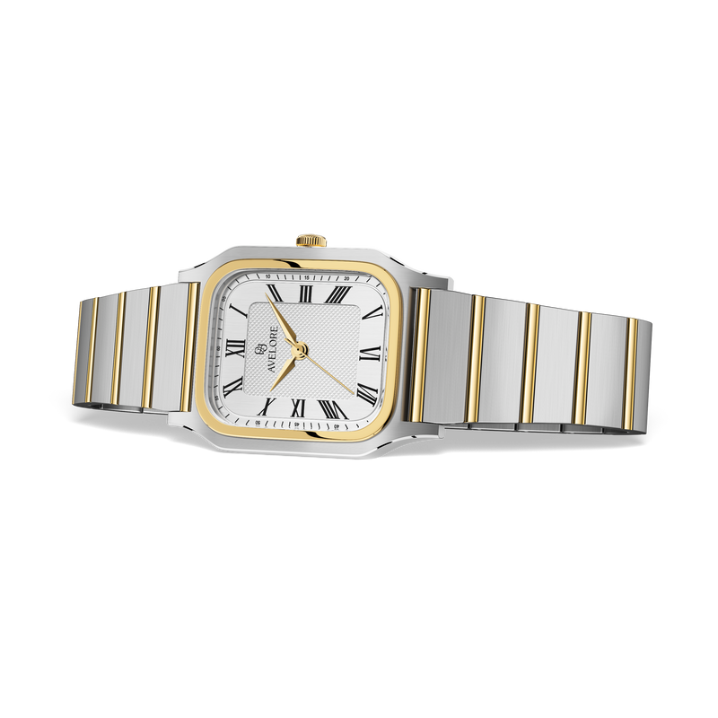 Two-tone square watch for women with silver dial and silver and gold band. The model is Aima by Avelore.