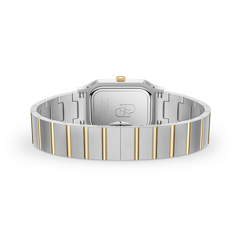 Two-toned square watch for women with silver and gold band. The model is Aima by Avelore.