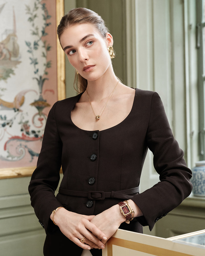 Gold square watch for women with burgundy dial and burgundy leather band. The model is Aima by Avelore.