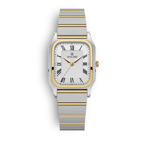Two-tone square watch for women with silver dial and silver and gold band. The model is Aima by Avelore.