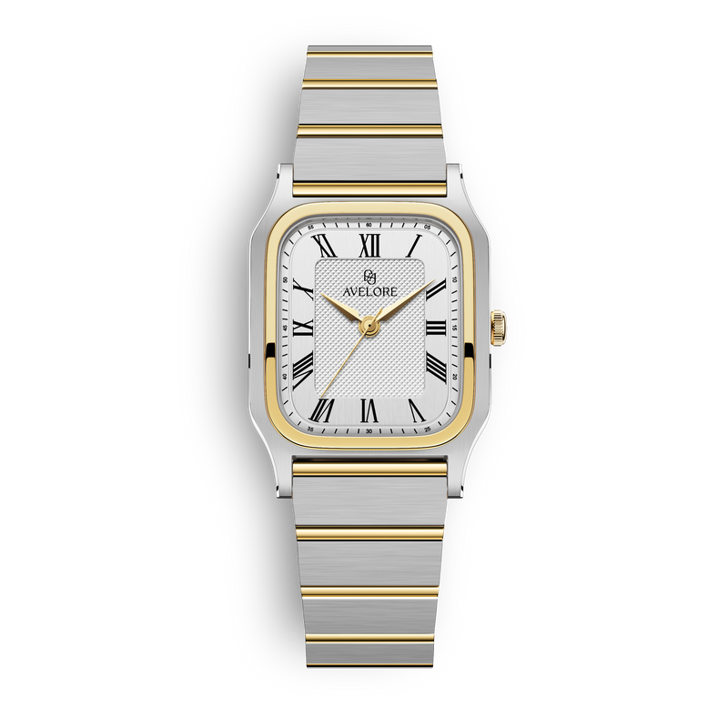 Two-tone square watch for women with silver dial and silver and gold band. The model is Aima by Avelore.