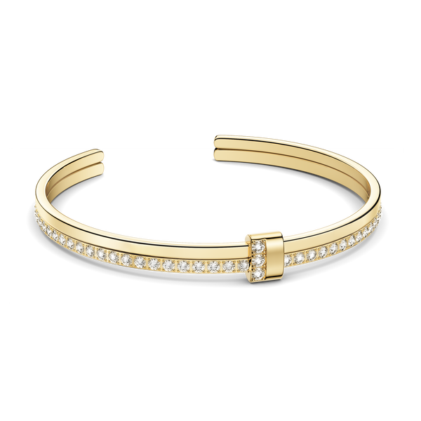 Gold bracelet with diamond accents on a white background. The model is Ame bangle by Avelore Women's Bracelets
