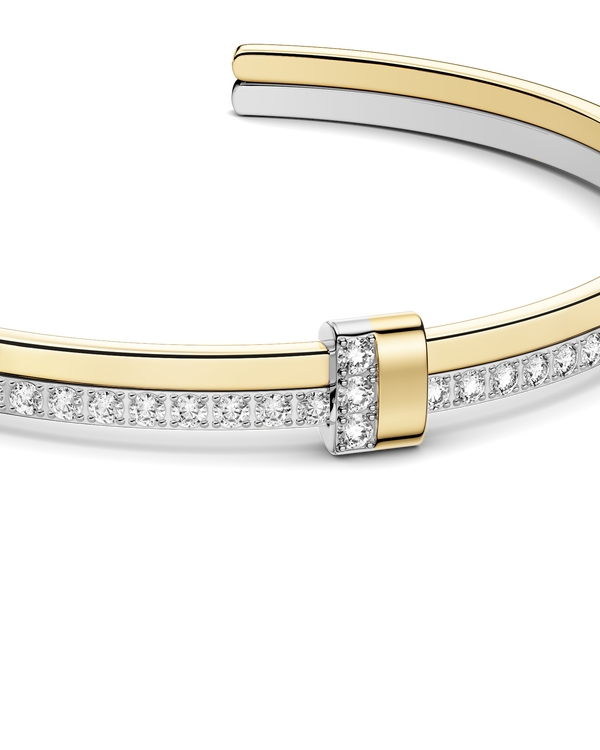 Silver and gold bracelet with diamond accents on a white background. The model is Ame bangle by Avelore Women's Bracelets