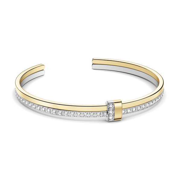 Silver and gold bracelet with diamond accents on a white background. The model is Ame bangle by Avelore Women's Bracelets