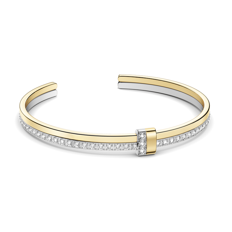 Silver and gold bracelet with diamond accents on a white background. The model is Ame bangle by Avelore Women's Bracelets