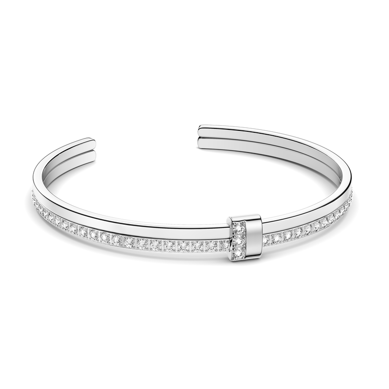 Silver bracelet with diamond accents on a white background. The model is Ame bangle by Avelore Women's Bracelets