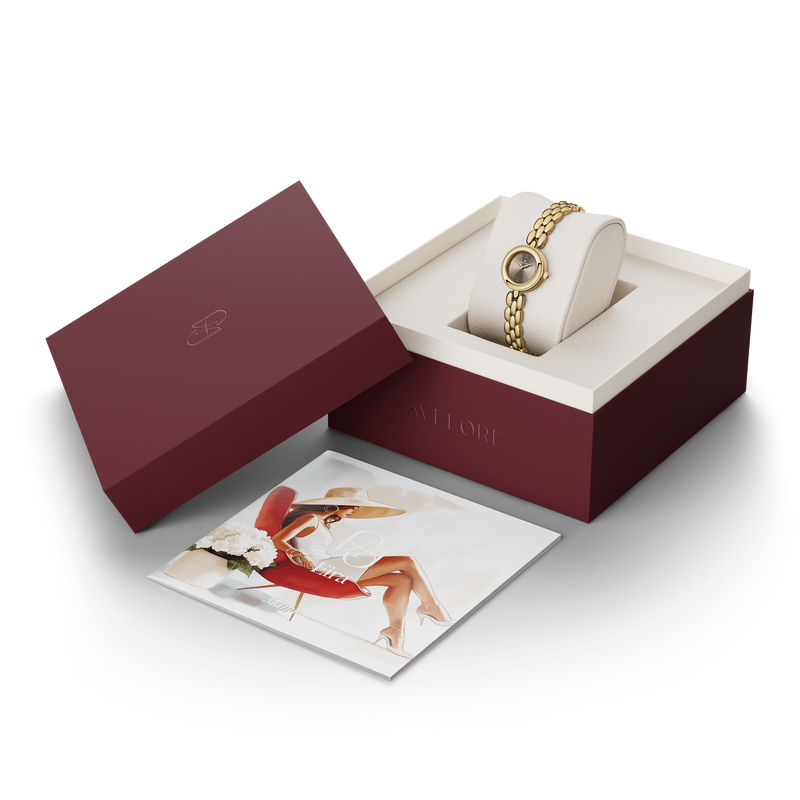 Gold round small watch for women with brown dial and gold band. The model is Eira by Avelore.