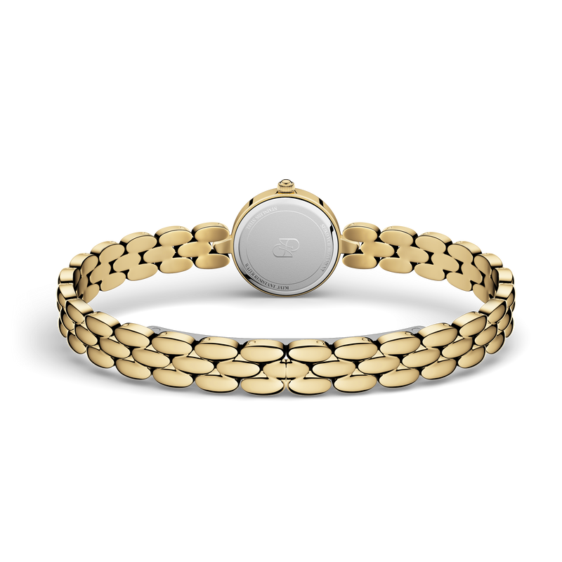 Gold round small watch for women with brown dial and gold band. The model is Eira by Avelore.
