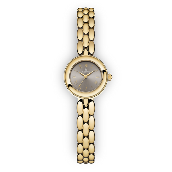 Gold round small watch for women with brown dial and gold band. The model is Eira by Avelore.