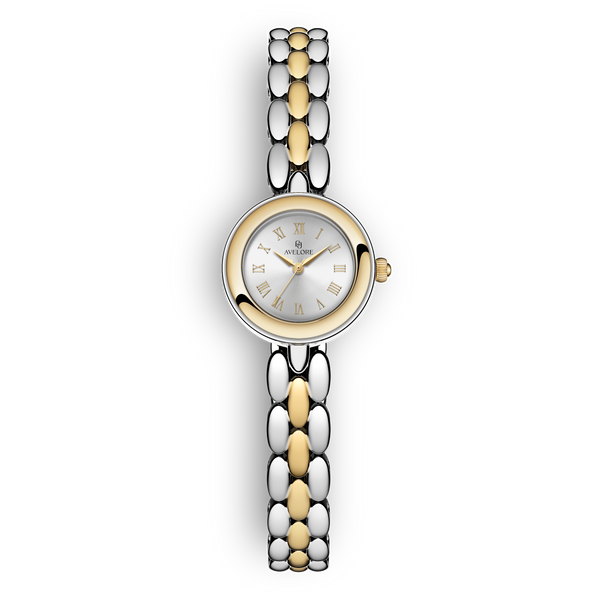 Two-tone round small watch for women with silver dial and silver and gold band. The model is Eira by Avelore.