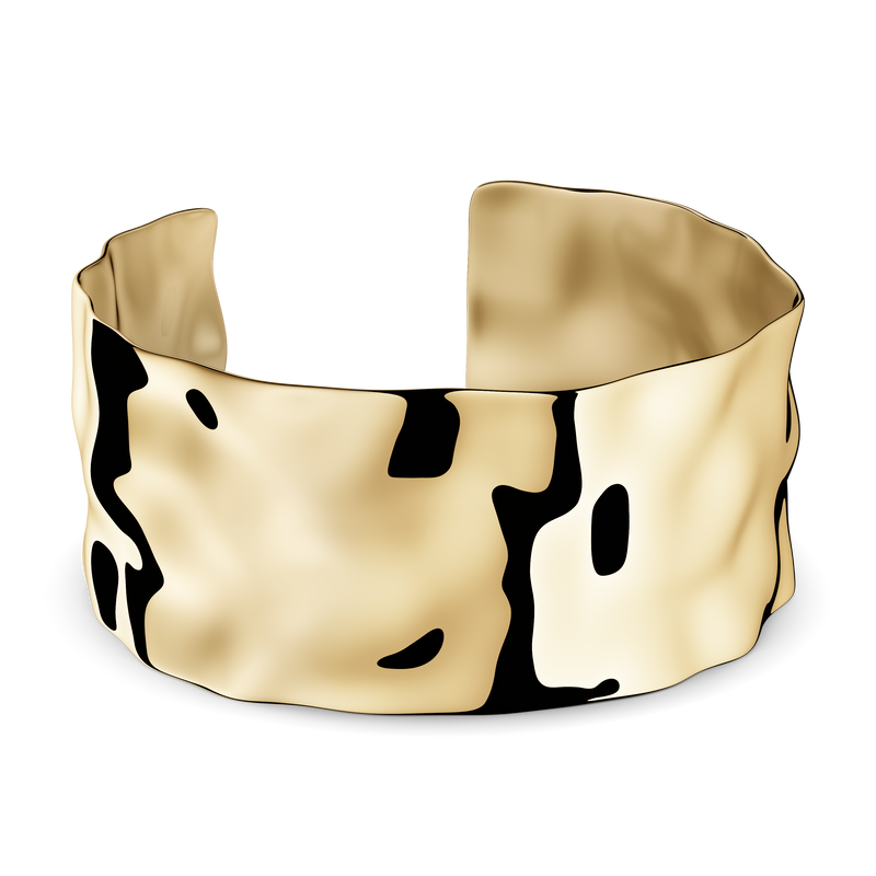Wide gold cuff bracelet with hammered patterned surface. The model is Noem Bangle by Avelore  Women's Bracelets