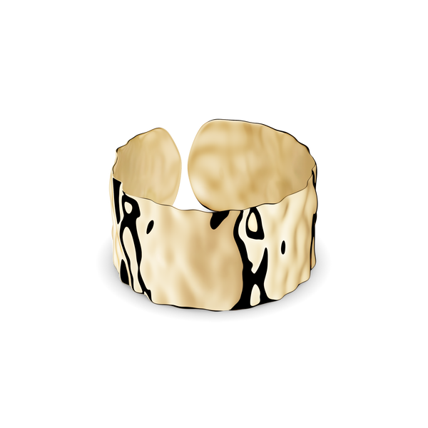 Bold wide cuff ring in gold with textured surface. The model is Noem Ring by Avelore Women's Rings