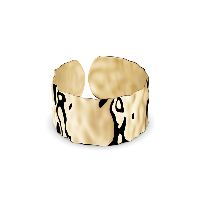 Bold wide cuff ring in gold with textured surface. The model is Noem Ring by Avelore Women's Rings