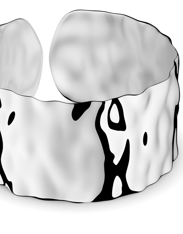 Bold wide cuff ring in silver with textured surface. The model is Noem Ring by Avelore Women's Rings