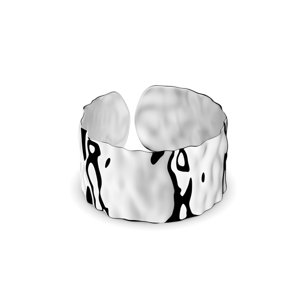 Bold wide cuff ring in silver with textured surface. The model is Noem Ring by Avelore Women's Rings