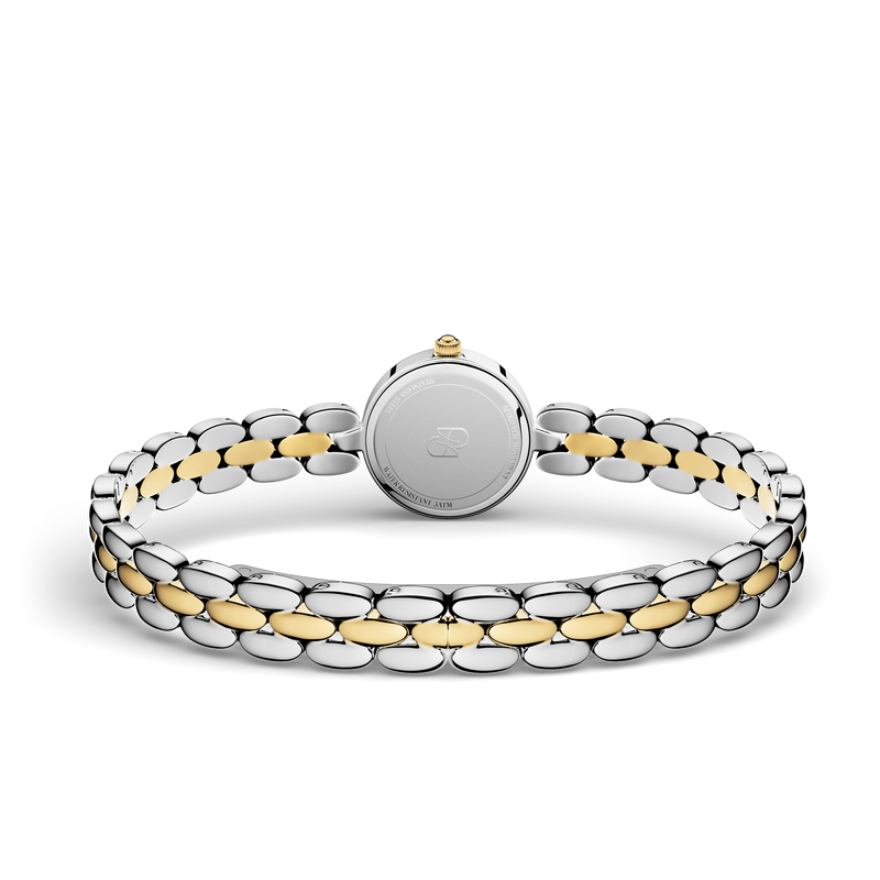 Two-tone round small watch for women with silver dial and silver and gold band. The model is Eira by Avelore.